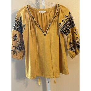 Solitaire Peasant Top Shirt Women M/L Yellow Boho Geometric Keyhole Anthropology